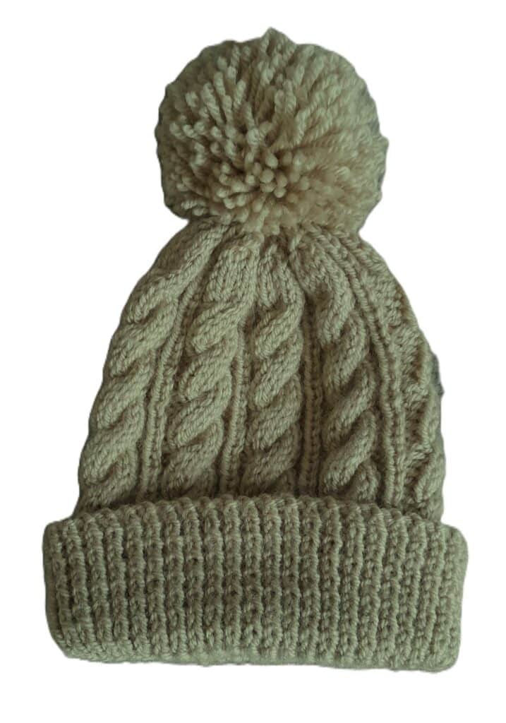 Hand-Knitted Cable Hat with Pom Pom~Pebble~6-12 months