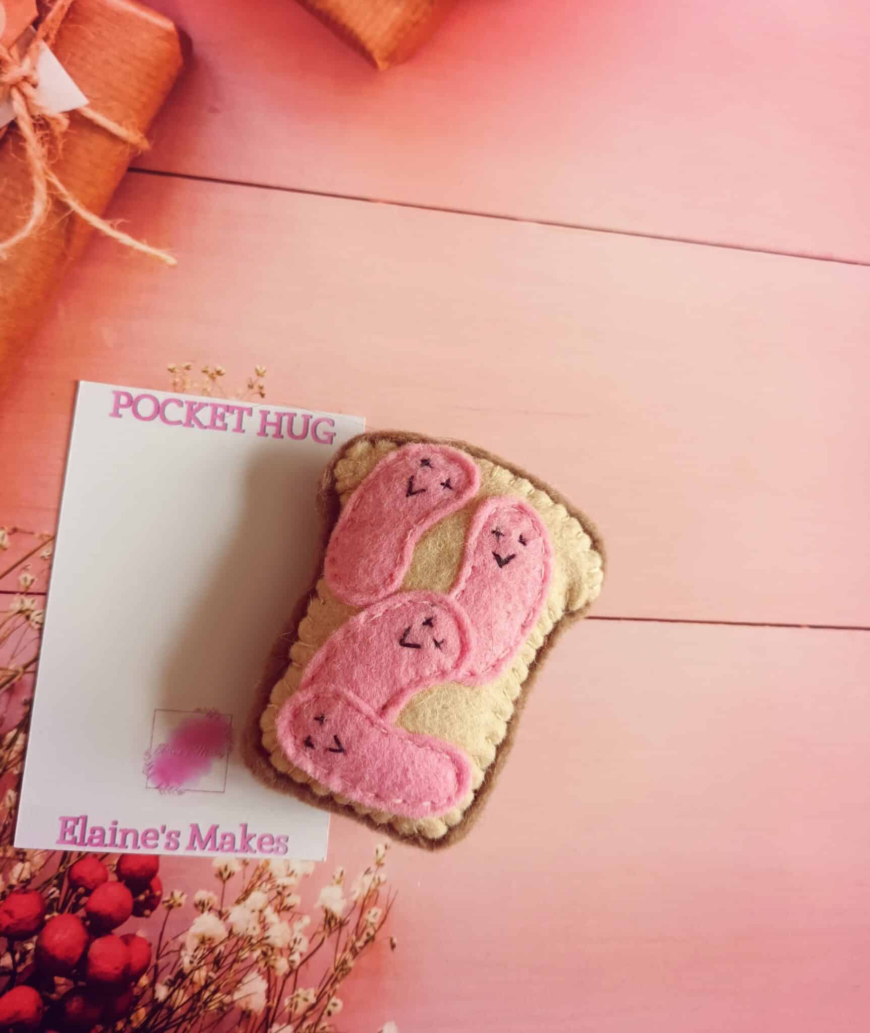 One hand sewn wool blend felt ‘JELLY beanz on toast’ pocket hug & pocket hug card gift (baby pink) - main product image