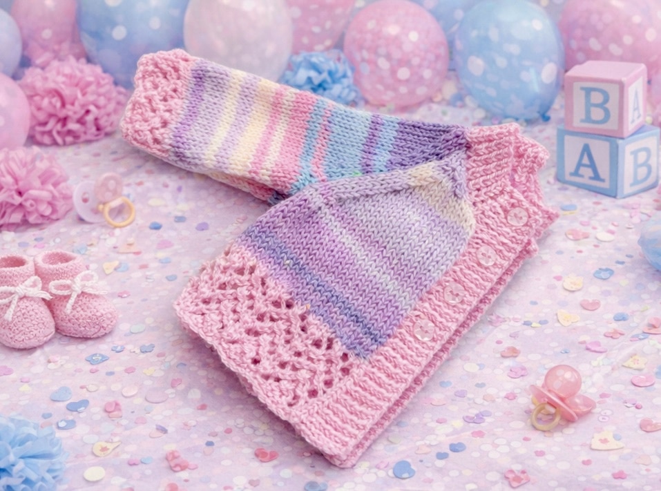Hand knitted baby girls pink and lilac cardigan