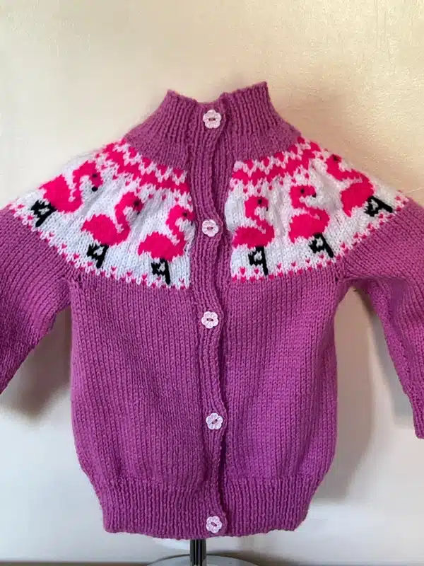 Hand Knitted Flamingo Cardigan – Chest 20″ (9-12 months approx)