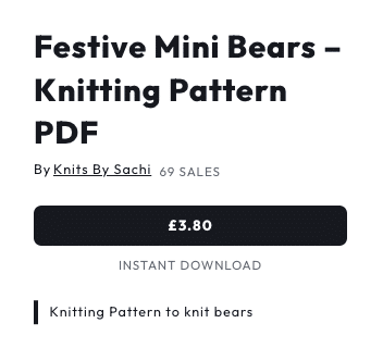 Photo of the product listing of a PDF knitting pattern, showing that the item is an instant download
