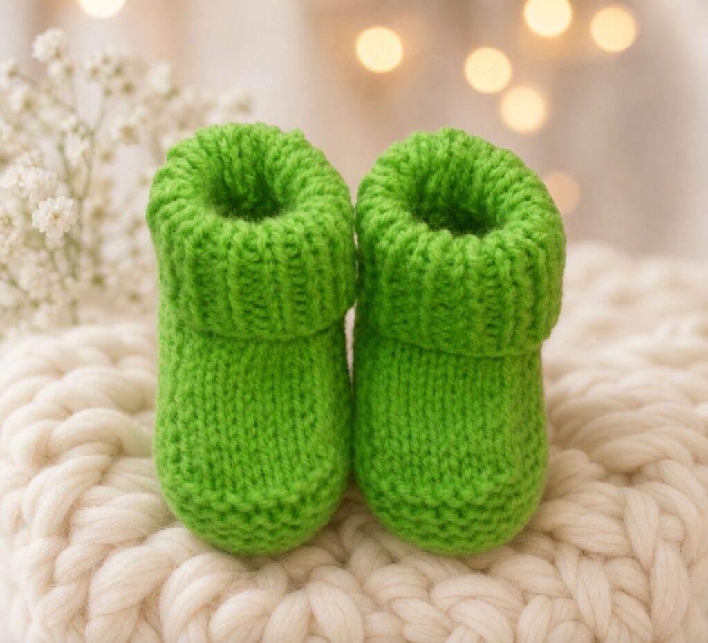 Hand-Knitted Baby Bootees~Lime Green~0-3 months