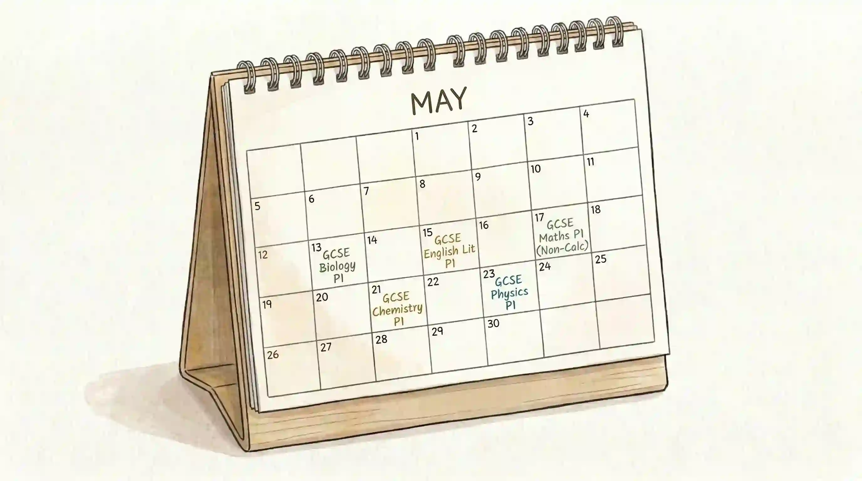 Colour-coded May calendar showing GCSE exam dates across different subjects