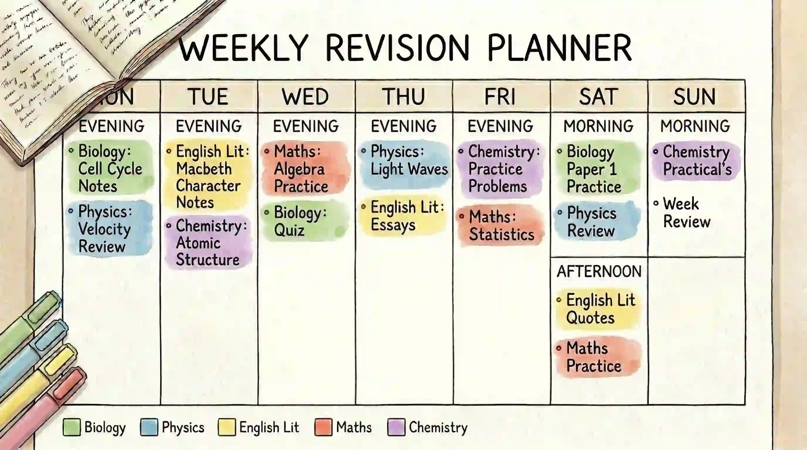 Sample GCSE weekly revision timetable with subjects colour-coded across weekday evenings and weekend mornings