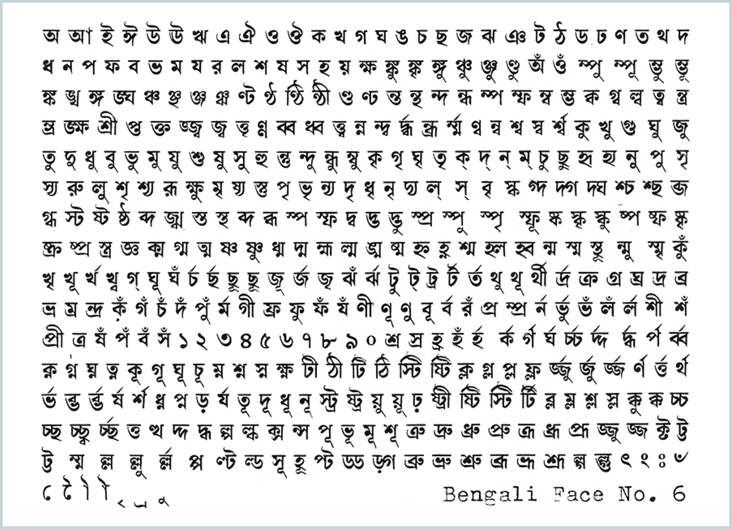 Character set of Bangla handset metal typeface