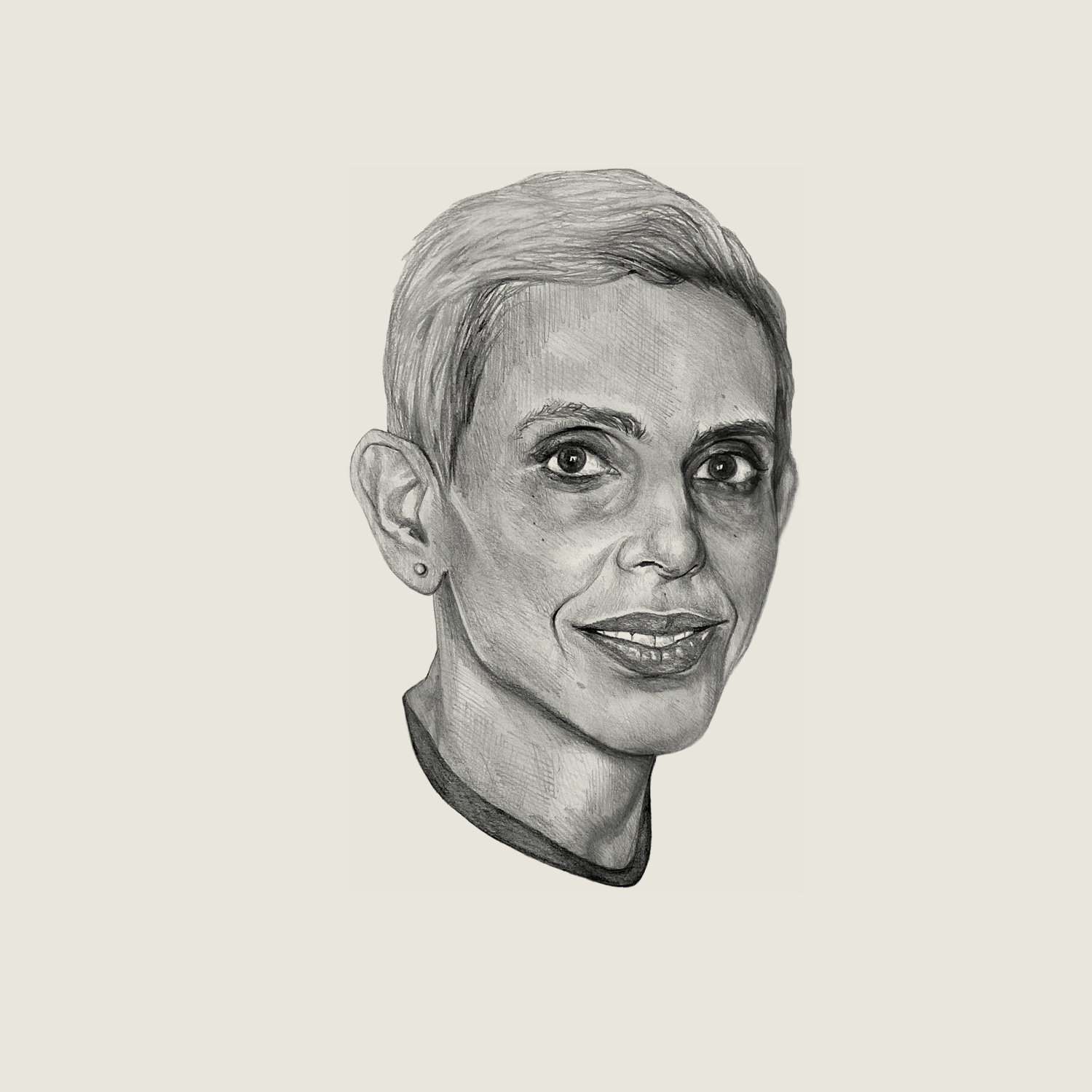 Black and white sketch of Nafisa with a slight open smile, and short hair