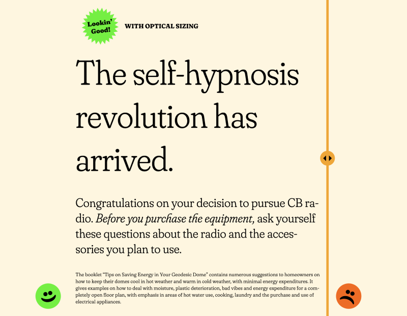 Text about self-hypnosis and radio purchase in 3 text sizes