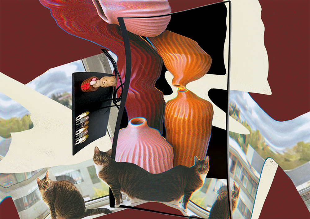A digital collage with many reflected cats, some pink, red, and orange vases, perhaps a desk, some beige and maroon blobs, with a distorted view of a building in the background.