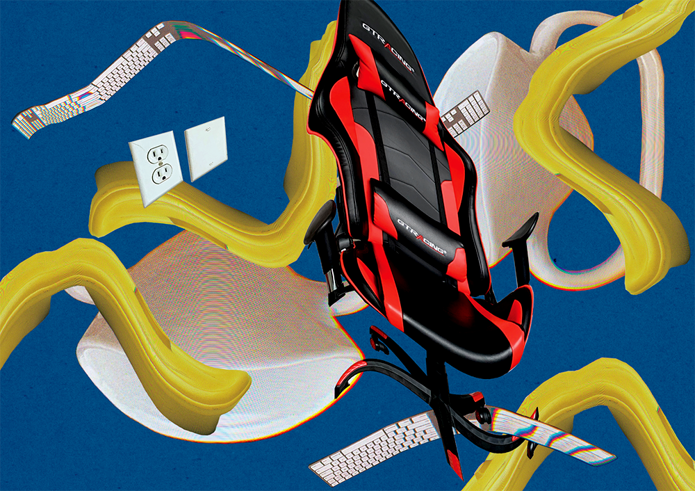 A digital collage featuring a red and black gaming chair, distorted keyboards, electric outlets, and a repeating yellow form on a blue background.