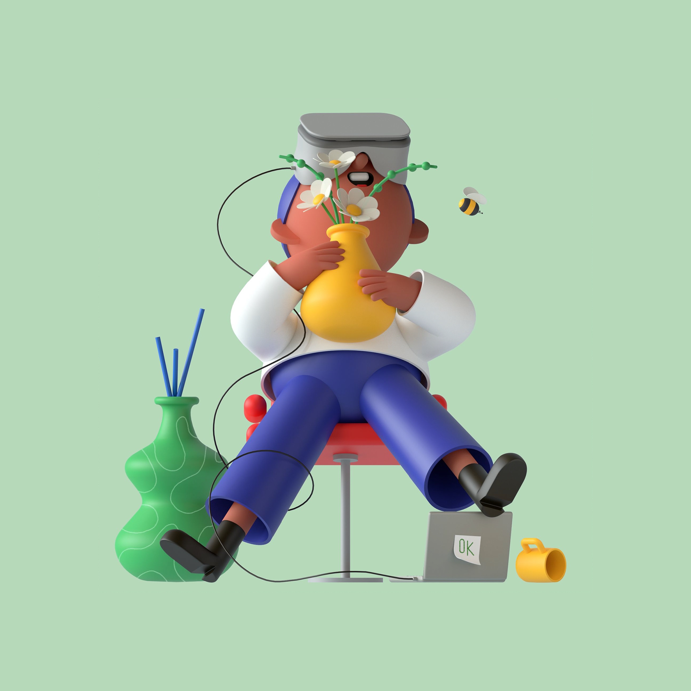 A person wearing a VR headset while clutching a yellow vase of daisies