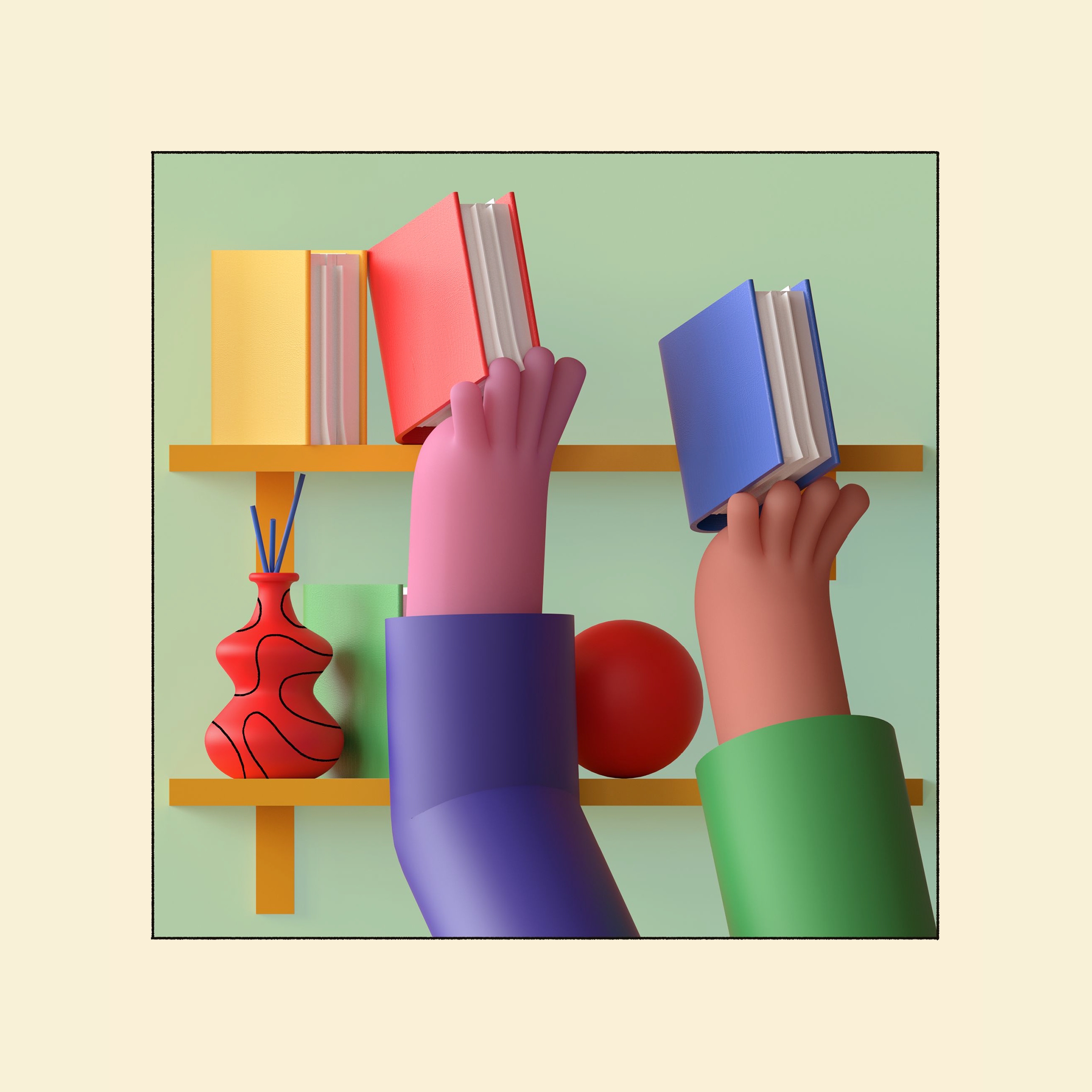 Two hands simultaneously push books onto a shelf