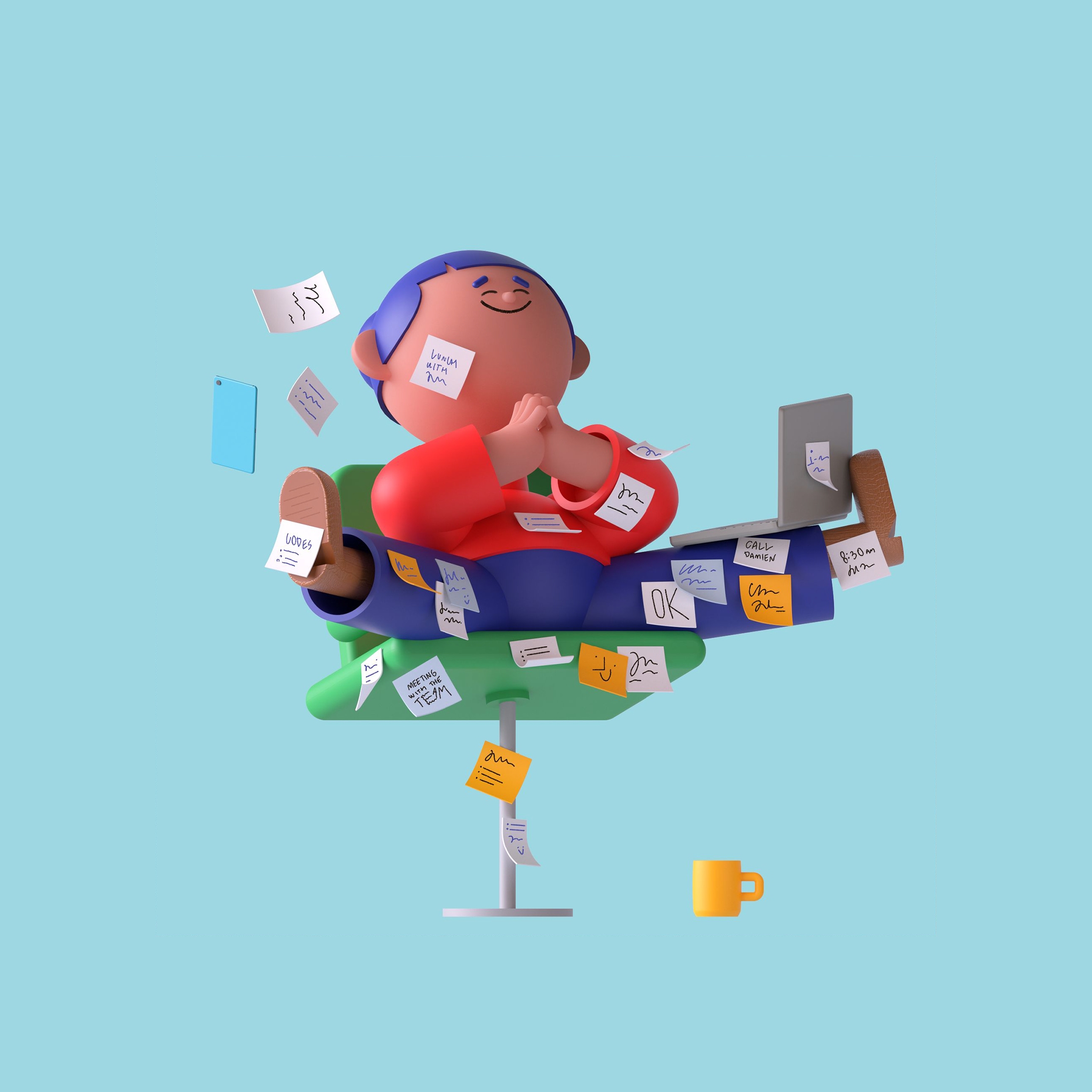 A worker sits in a zen pose while covered in Post-It notes