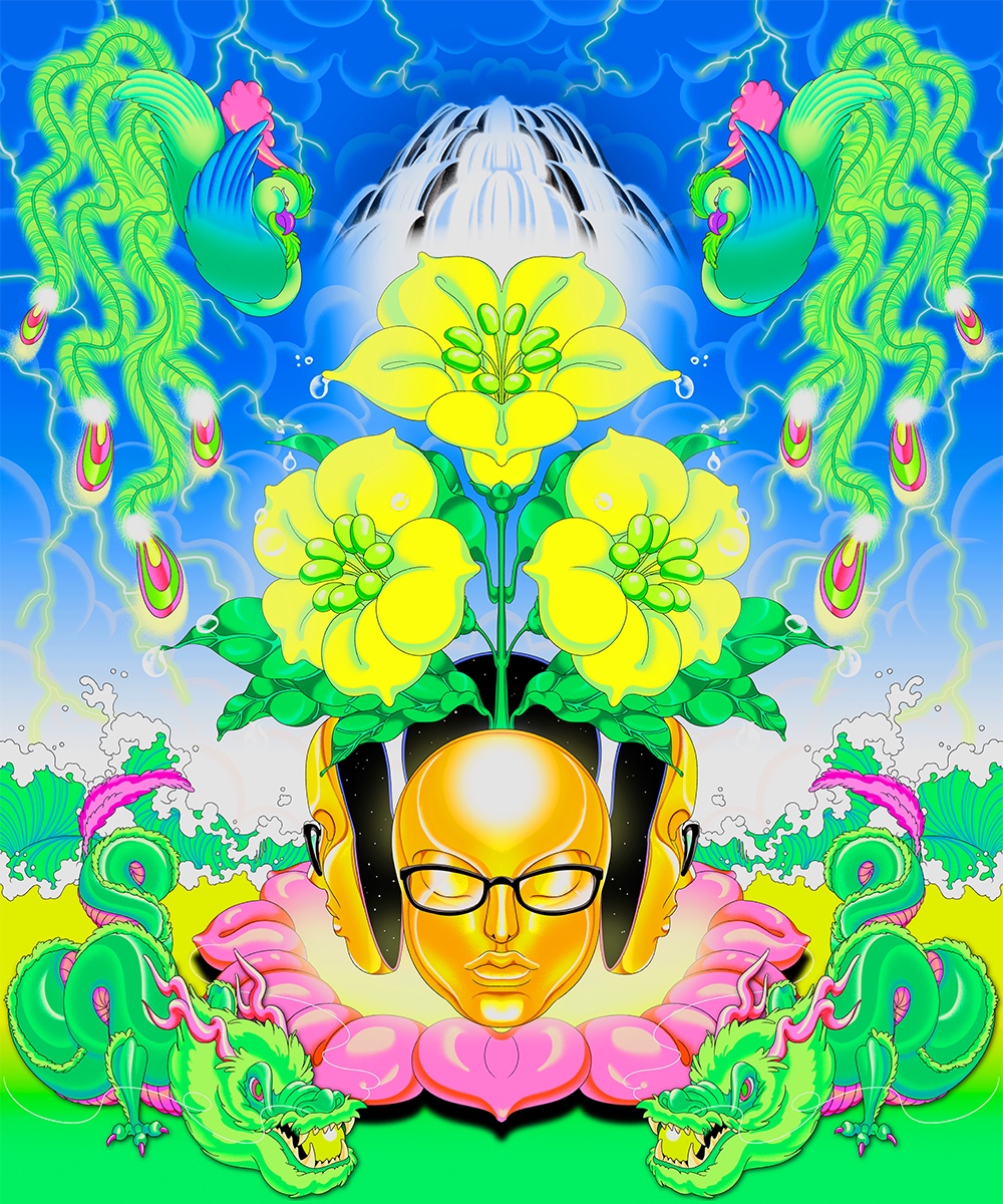 A digital illustration with three large flowers blooming from a sculpture of a face with glasses; the profile pops out on all for sides like an open box. Two bright green dragons flank the face, while two peacock-like creatures look down from top corners.