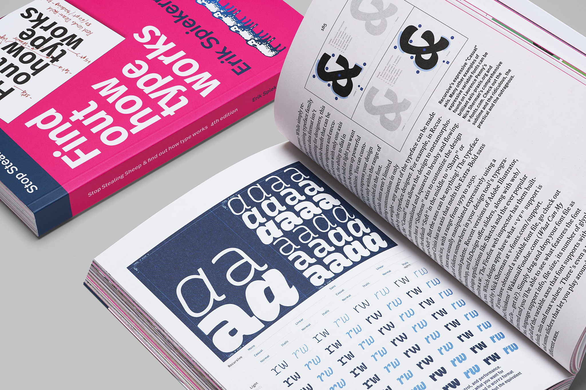 Lowercase letters “a, r, w” in different font styles on book page