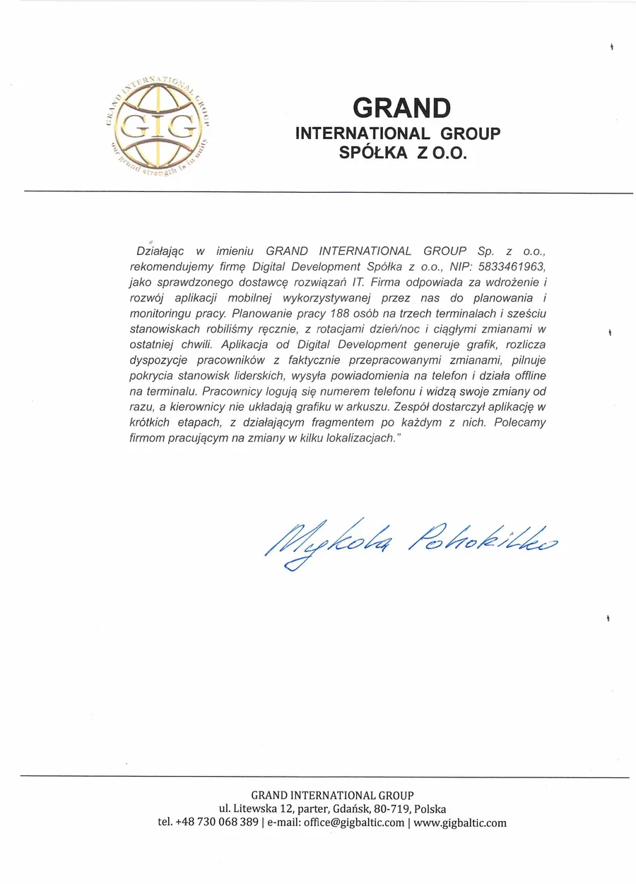 Referencja od Grand International Group Sp. z o.o.