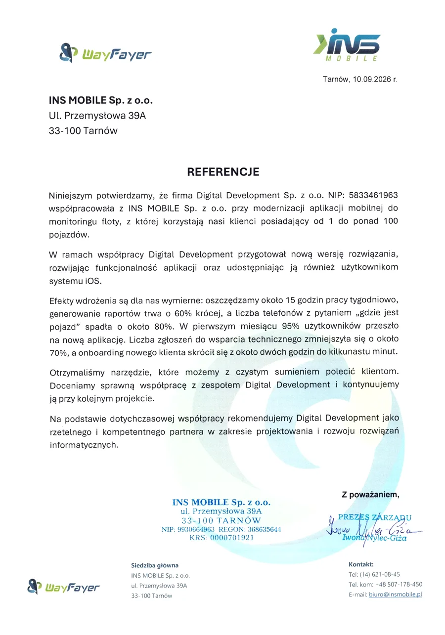 Referencja od Ins Mobile Sp. z o.o.