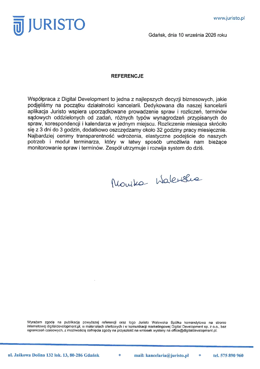 Referencja od Juristo Walewska Sp. k.