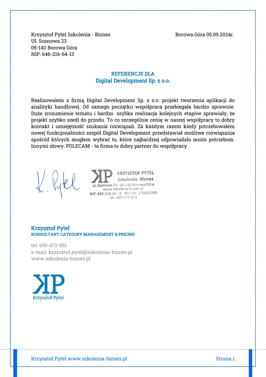 Referencja od Krzysztof Pytel Szkolenia — Biznes
