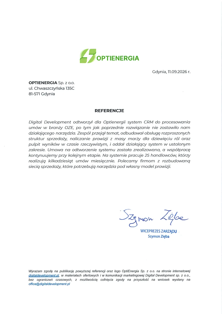 Referencja od Optienergia Sp. z o.o.
