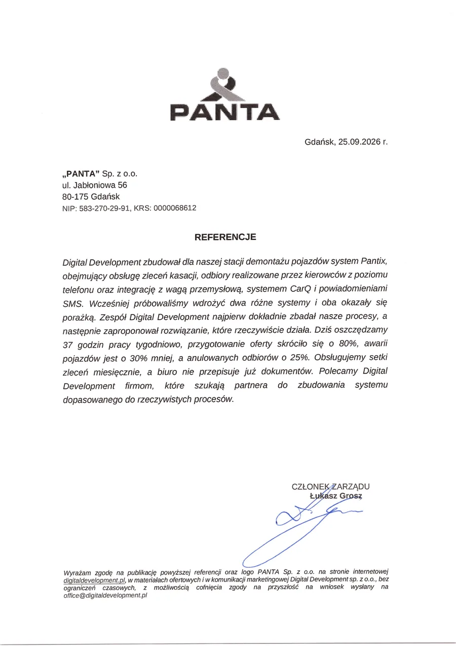 Referencja od Panta Sp. z o.o.