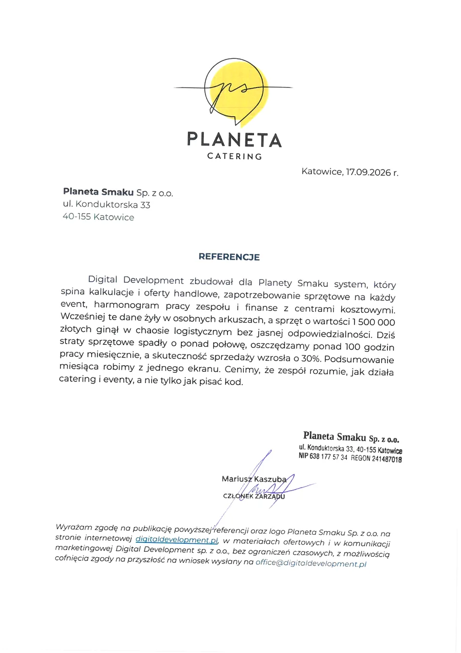 Referencja od Planeta Smaku Sp. z o.o.