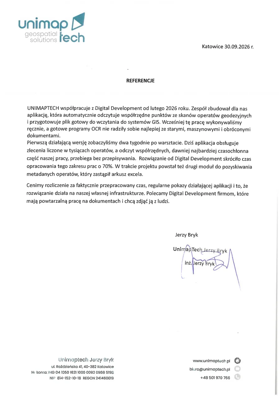 Referencja od Unimaptech Sp. z o.o.