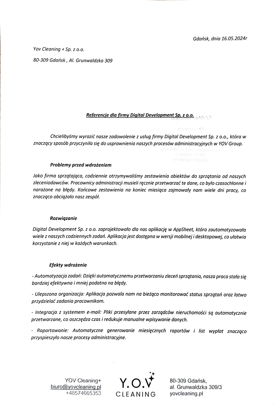 Referencja od YOV Cleaning+ Sp. z o.o.