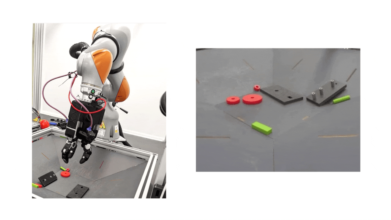 The image on the left shows a new robotic arm RoboCat learned to control. Next to it is a video of RoboCat using the arm to pick up gears.