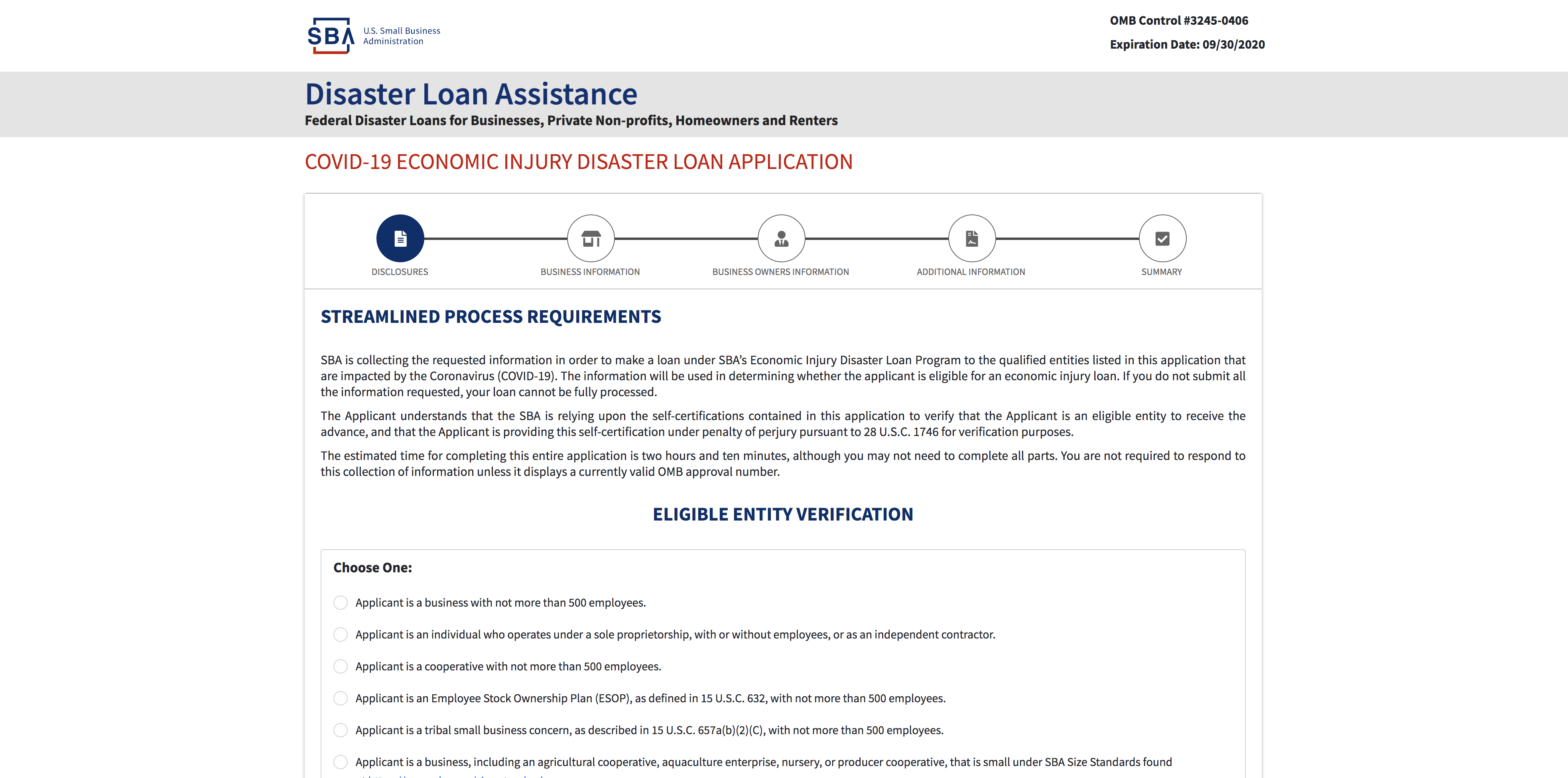 Loan application page for SBA