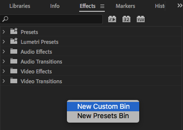 Create a custom effects bin in Premiere Pro