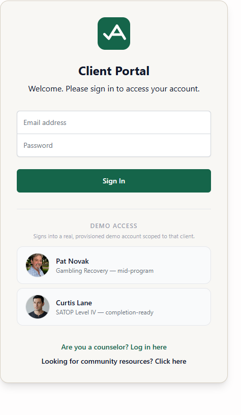 Attesta Client Portal login screen