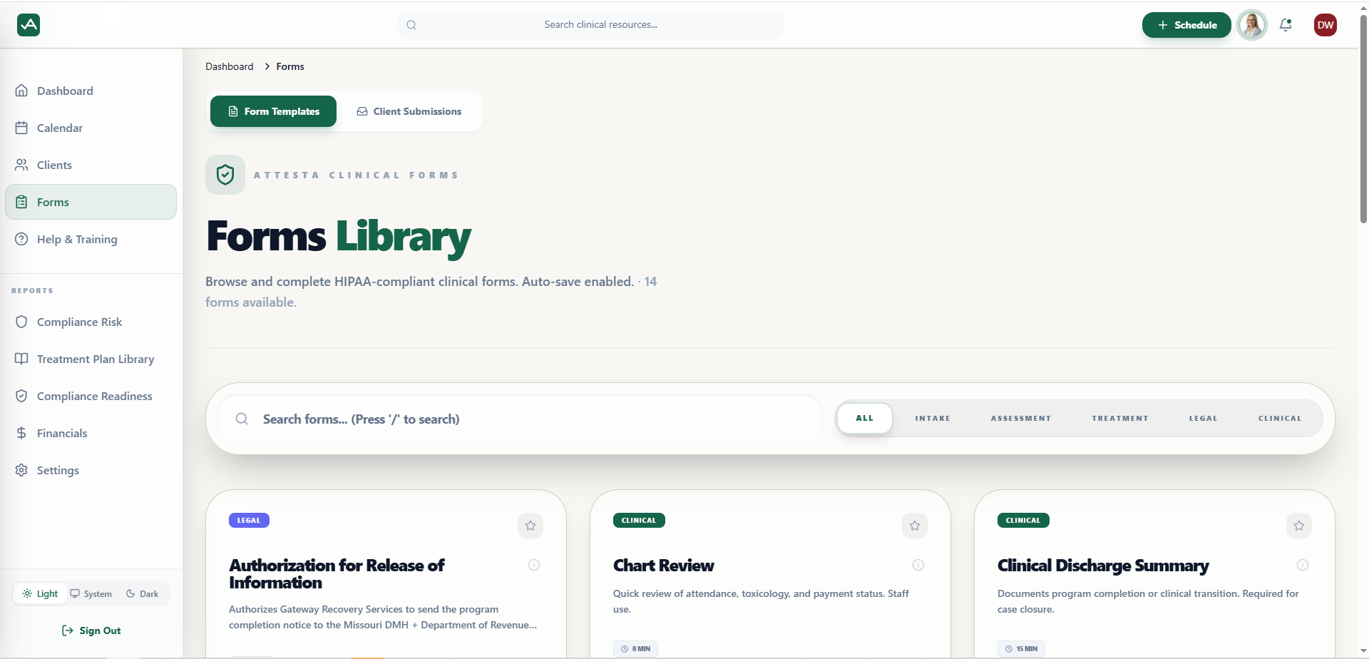 Attesta Forms Library product screen