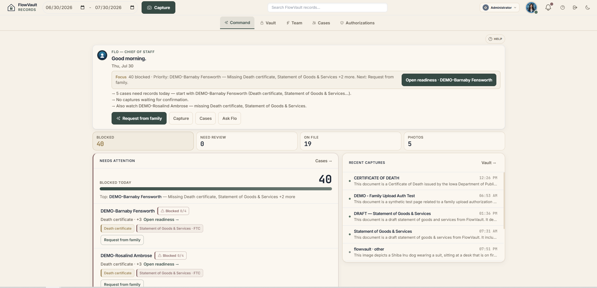 FlowVault Command screen showing case readiness