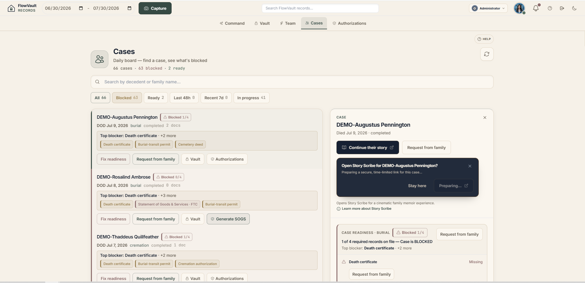 FlowVault Cases board listing funeral home cases