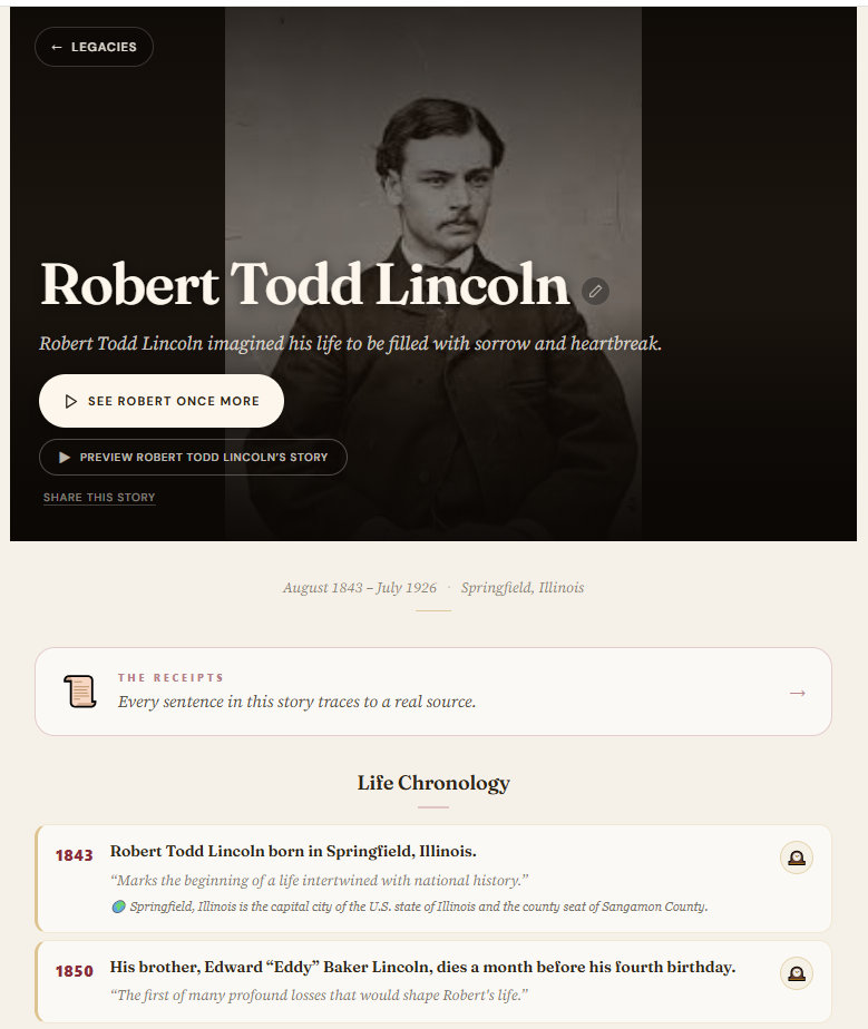 Story Scribe Robert Todd Lincoln story with The Receipts source panel