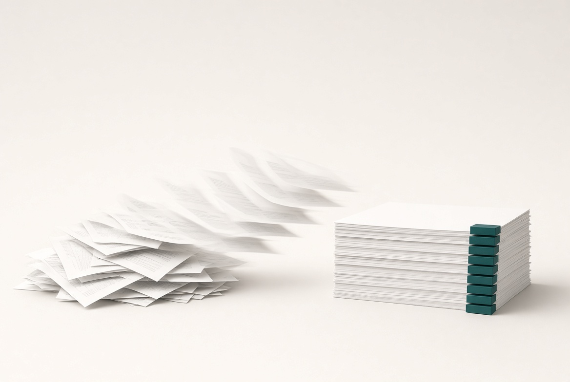 Macro of teal tabs fanning out from a document stack