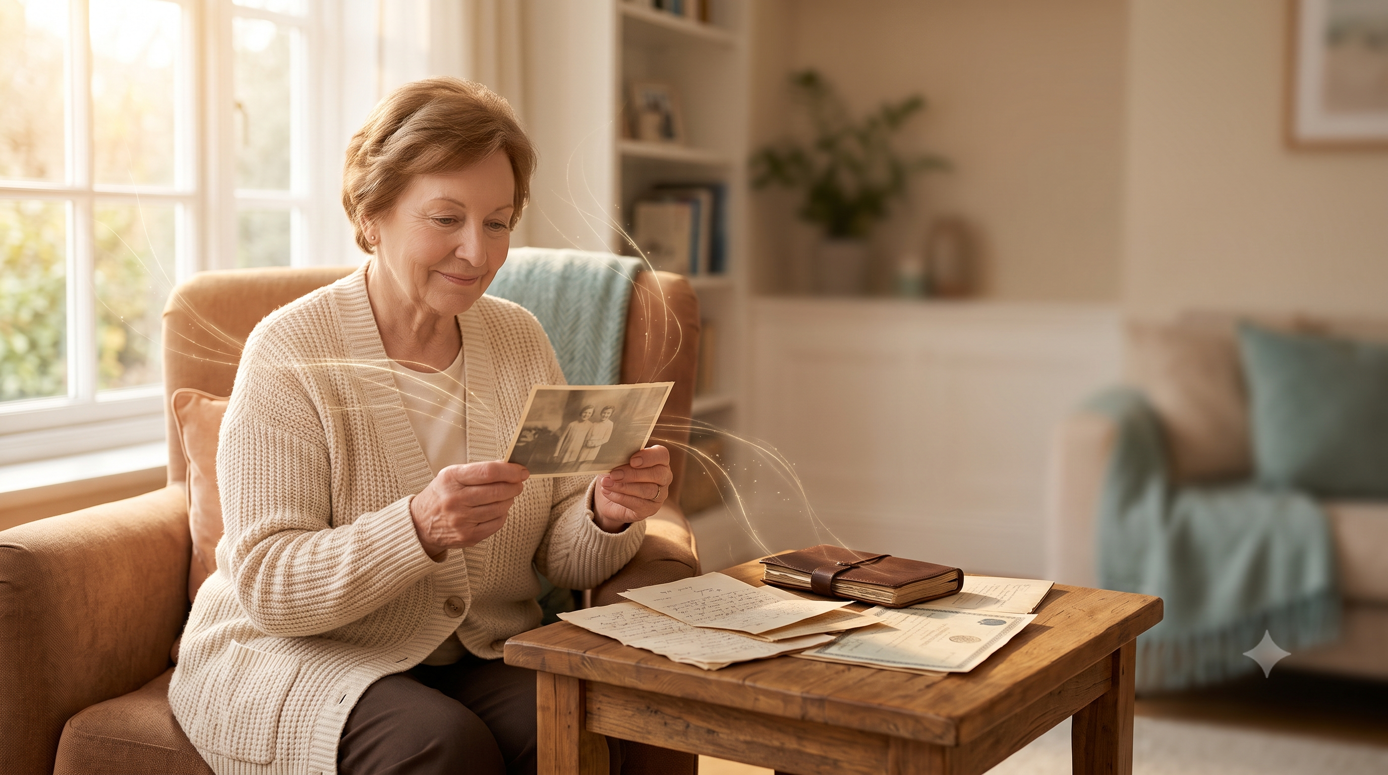 A warm memorial scene: a family's photos, letters, and keepsakes ready to become a source-traced story