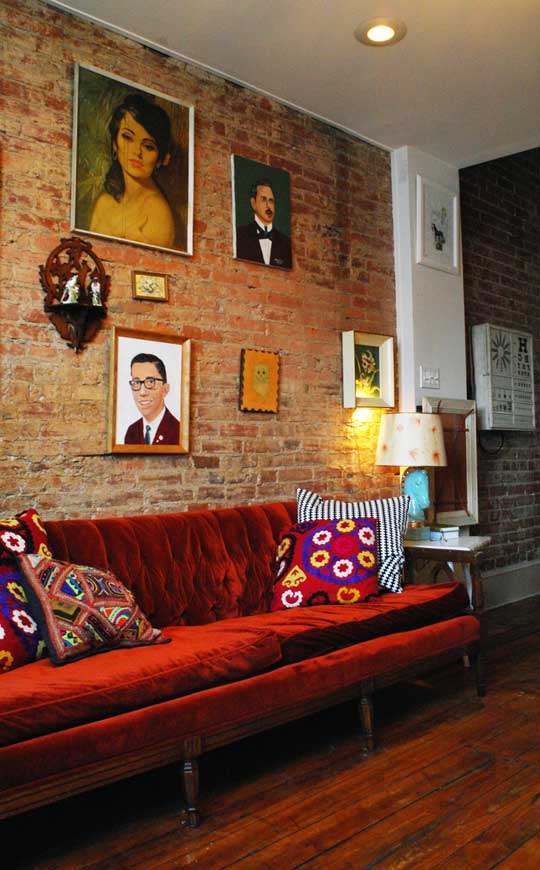 Portraits Pillows And A Vintage Velvet Sofa Apartment Therapy Pillows And A Vintage Velvet Sofa