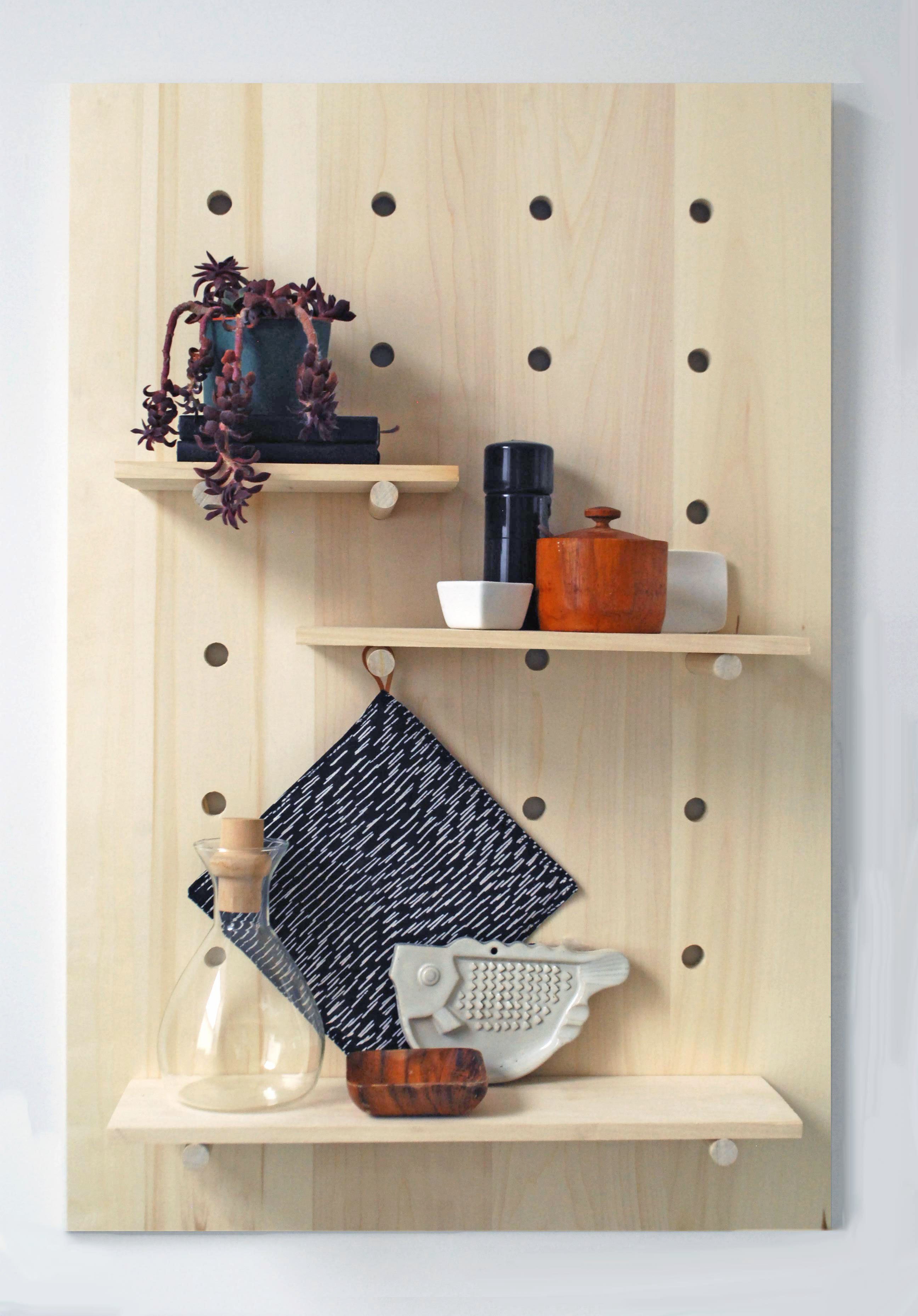 Wooden Pegboard Shelf with Wooden Pegs