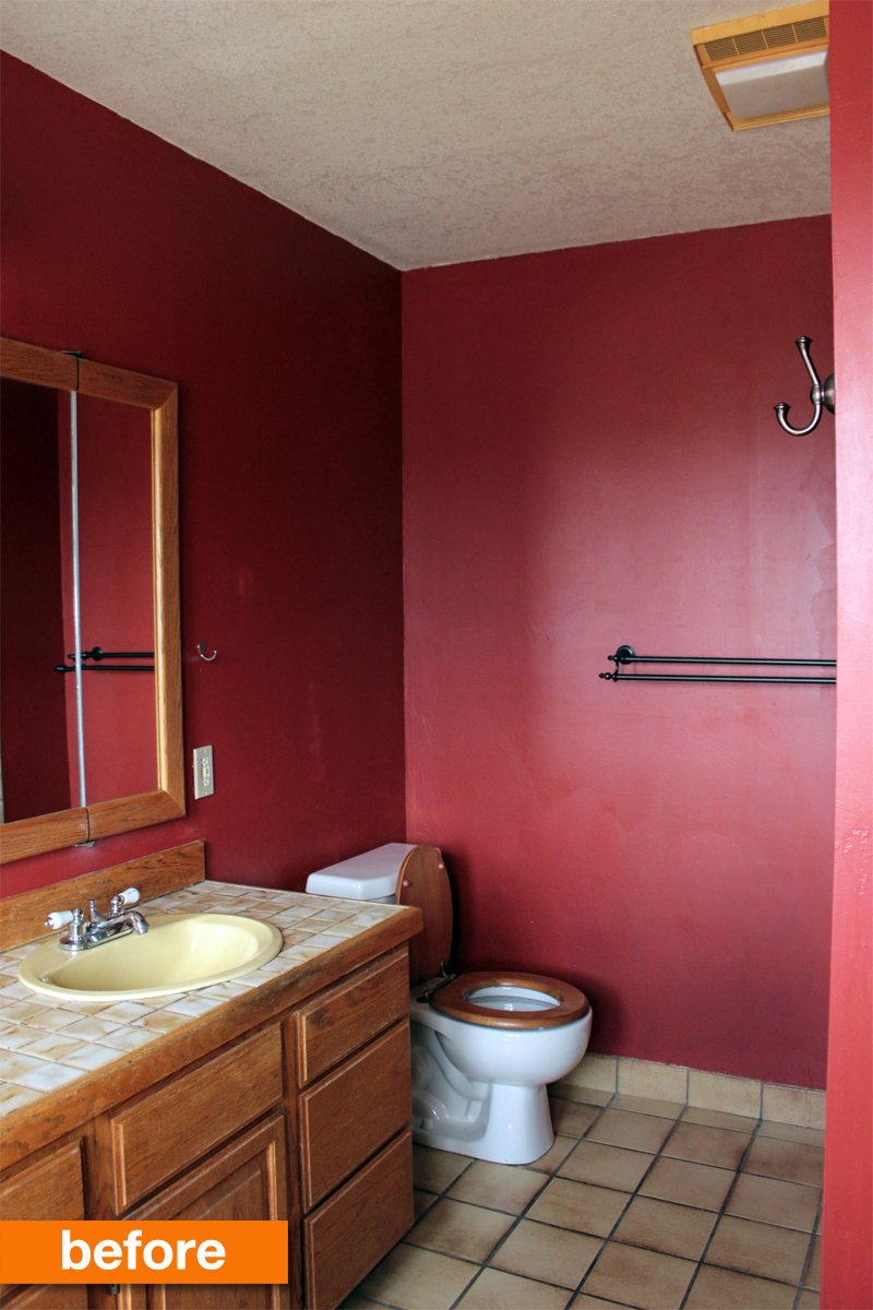 Before After An Outdated Master Bathroom Goes From Maroon To Modern Apartment Therapy