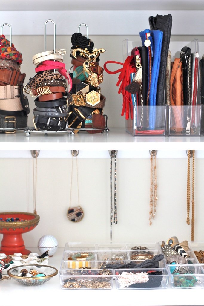 jewelry and accessories organized on white shelves