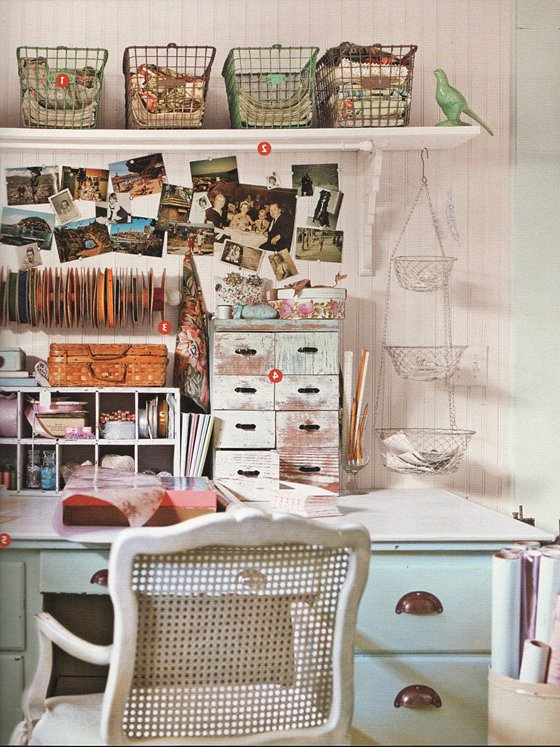 Shabby chic office desk with lots of organization.