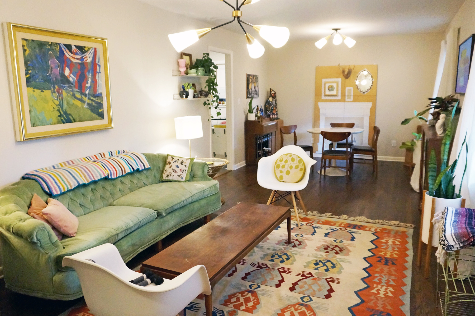 mid century modern living room with fireplace