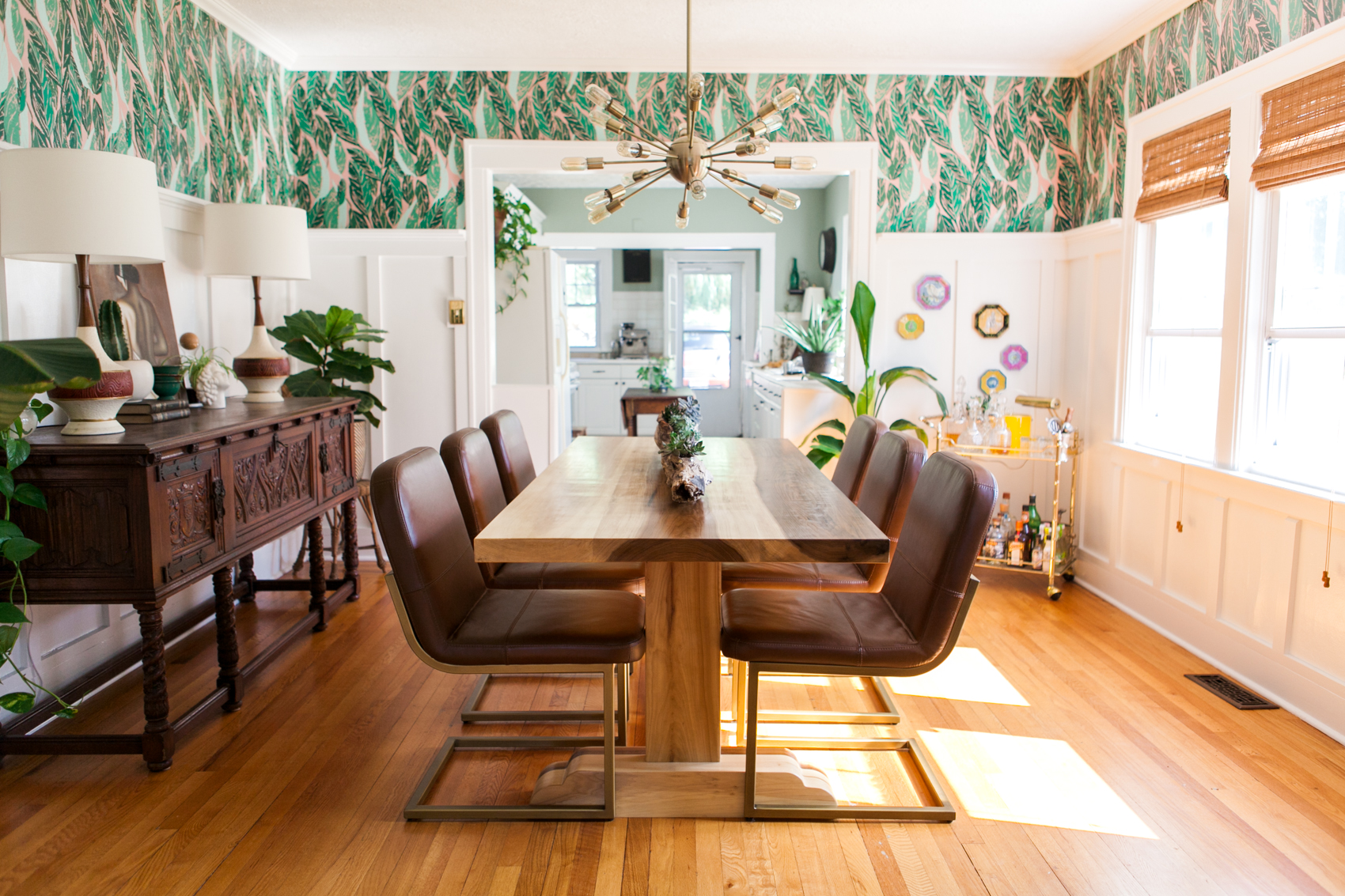 striped coral wallpaper dining room