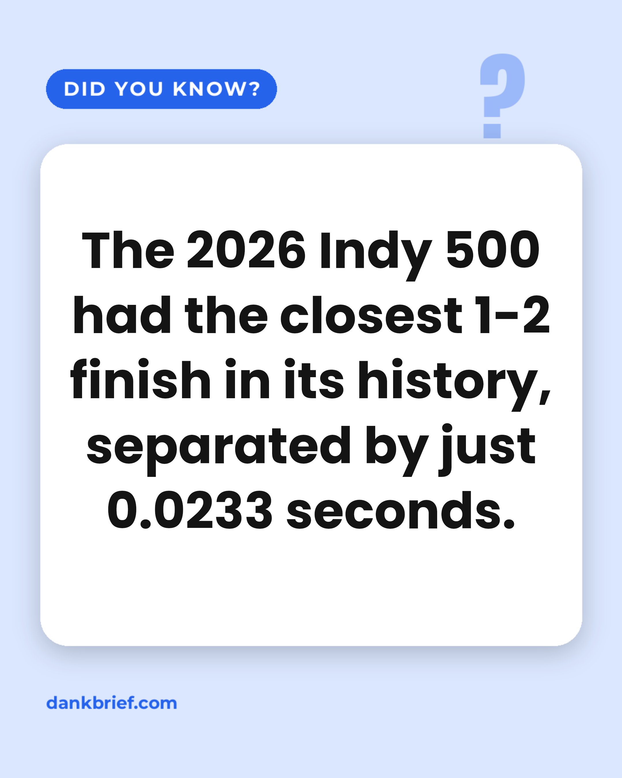 The 2026 Indy 500 had the closest 1-2 finish in its history, separated by just 0.0233 seconds.