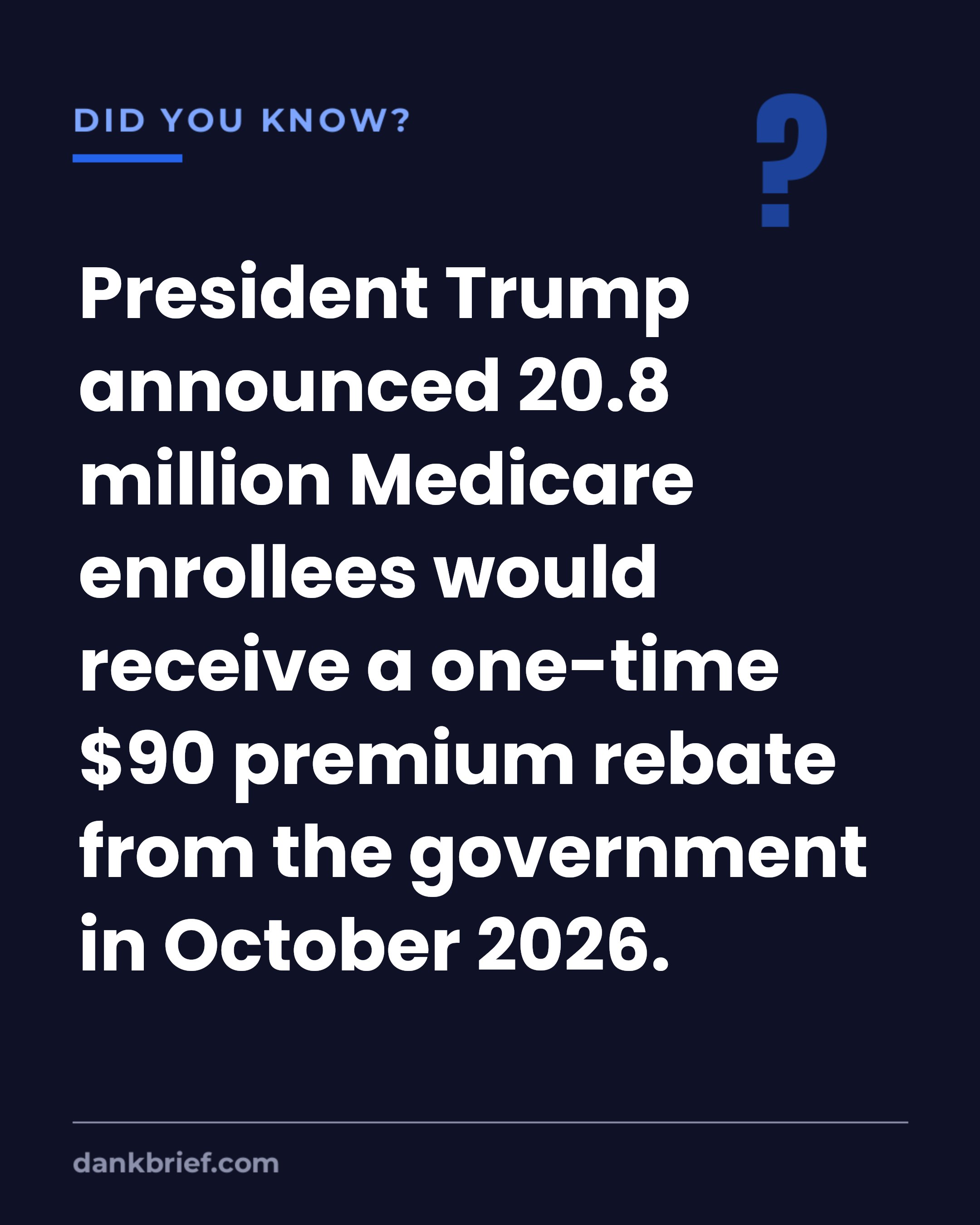 President Trump announced 20.8 million Medicare enrollees would receive a one-time $90 premium rebate from the government in October 2026.