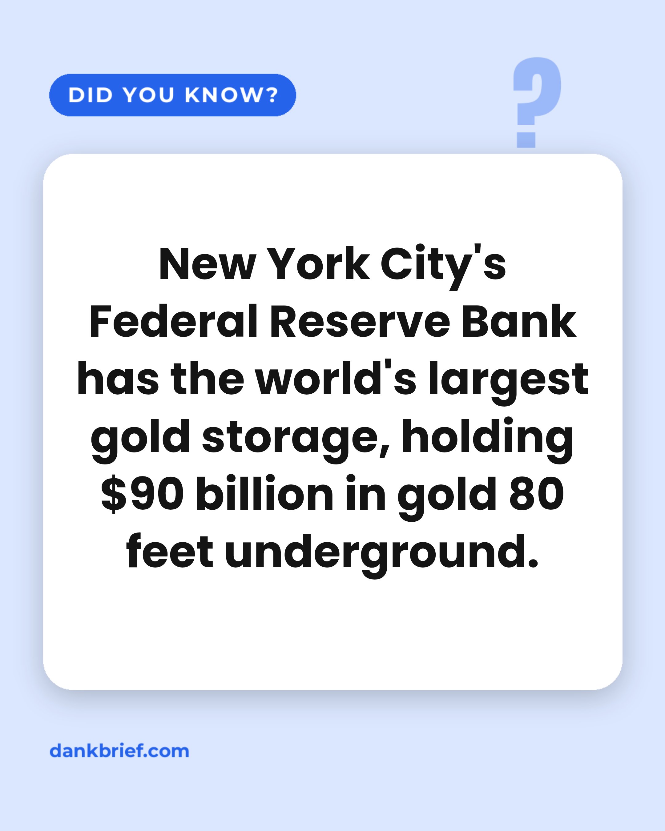 New York City's Federal Reserve Bank has the world's largest gold storage, holding $90 billion in gold 80 feet underground.