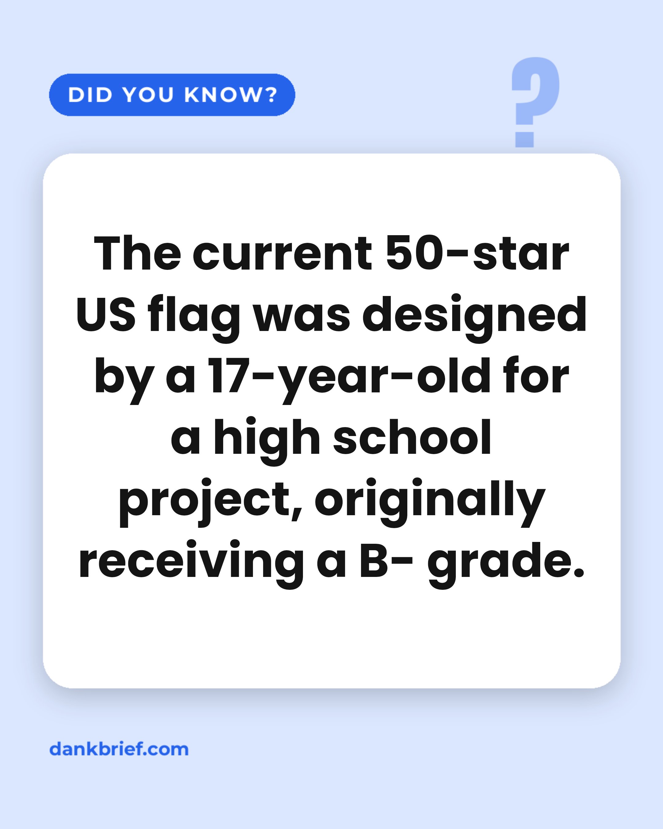 The current 50-star US flag was designed by a 17-year-old for a high school project, originally receiving a B- grade.