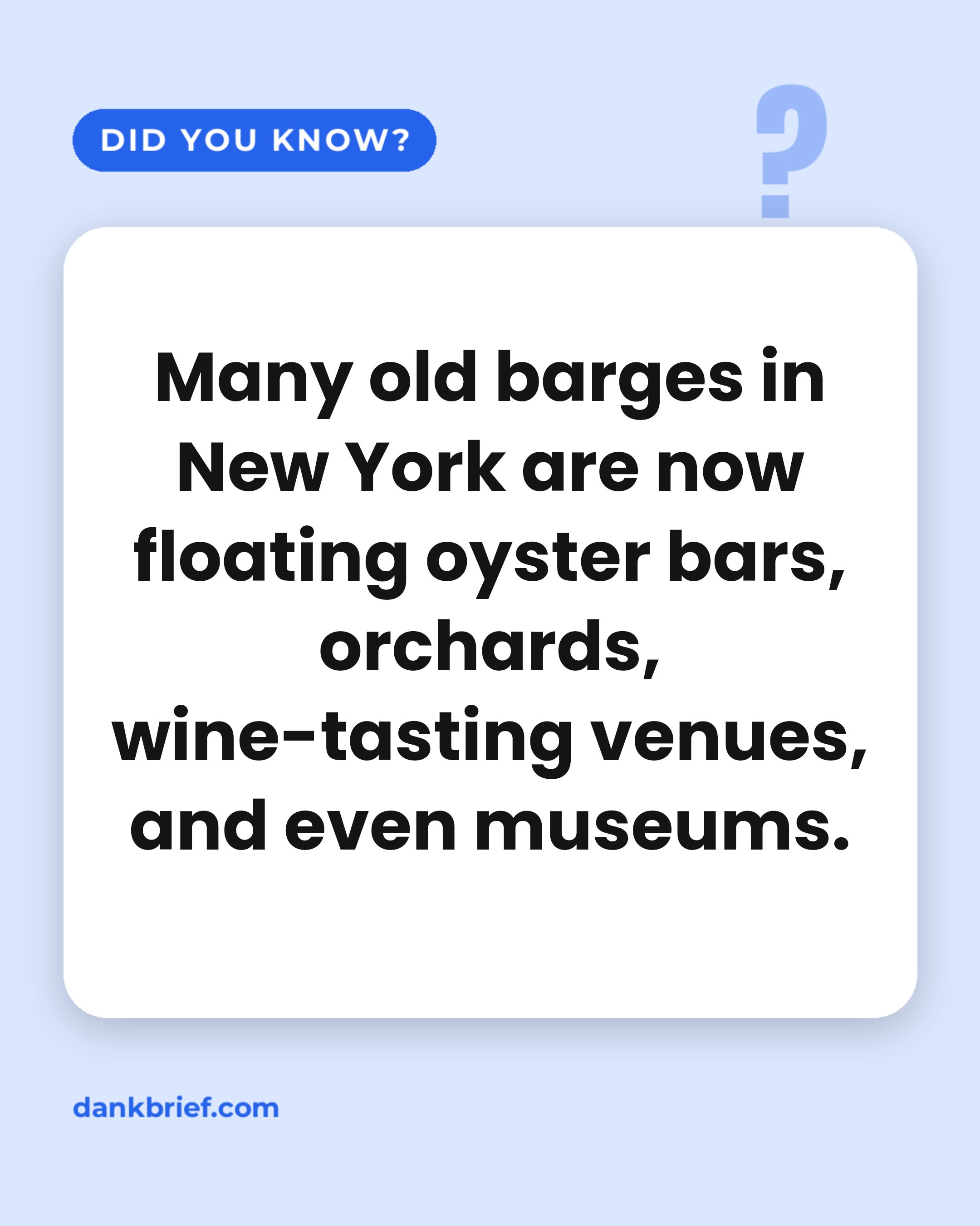 Many old barges in New York are now floating oyster bars, orchards, wine-tasting venues, and even museums.