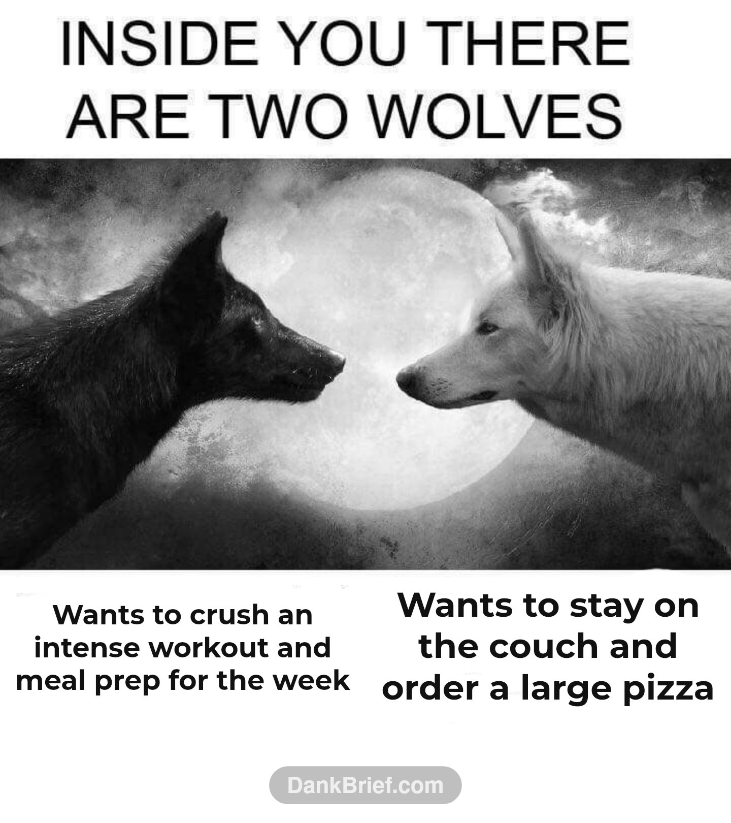 Wants to crush an intense workout and meal prep for the week / Wants to stay on the couch and order a large pizza